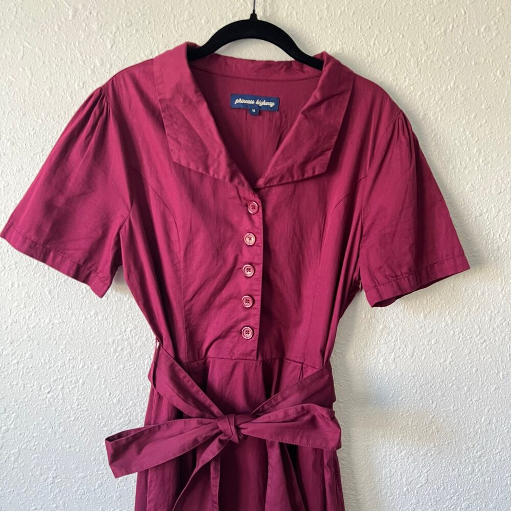 Princess Highway 1950’s Vintage Style Burgundy Button Front Tie Waist Dress - Picture 2 of 6